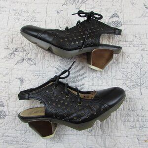 Fly London Lace Sling Back leather Black Shoes pumps brozne heel 39 us 8 / 8.5